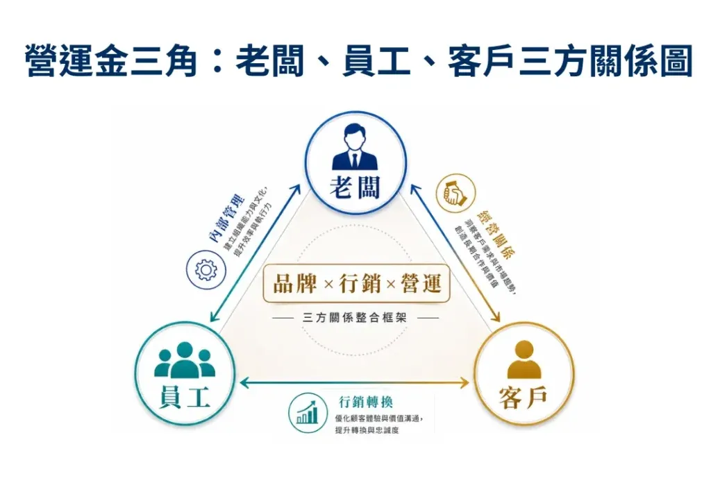 營運金三角:老闆、員工、客戶三方關係圖 營運金三角:老闆、員工、客戶三方關係圖